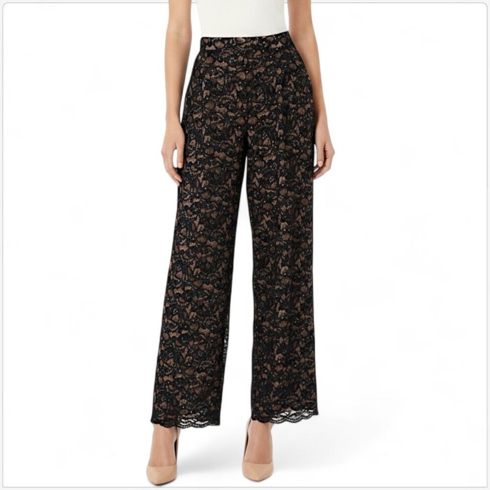 Emanuel Ungaro Beaded Sequin Evening Black Lace Nude Lined Pants New 10 / 44